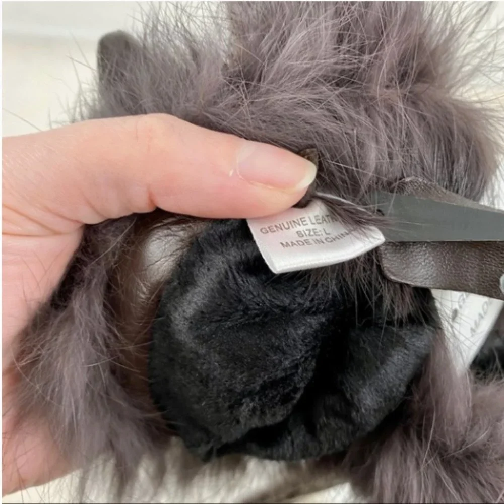 Leather Fur Gloves Large Rabbit Trim Short Brown